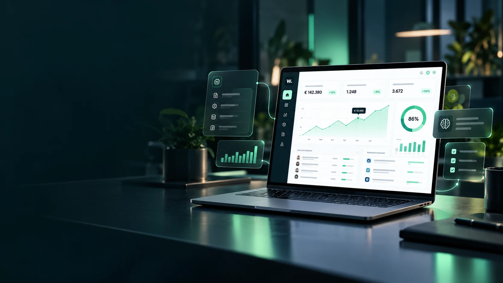 Conceptvisualisatie: laptop met een bedrijfsdashboard en zwevende koppelingskaarten