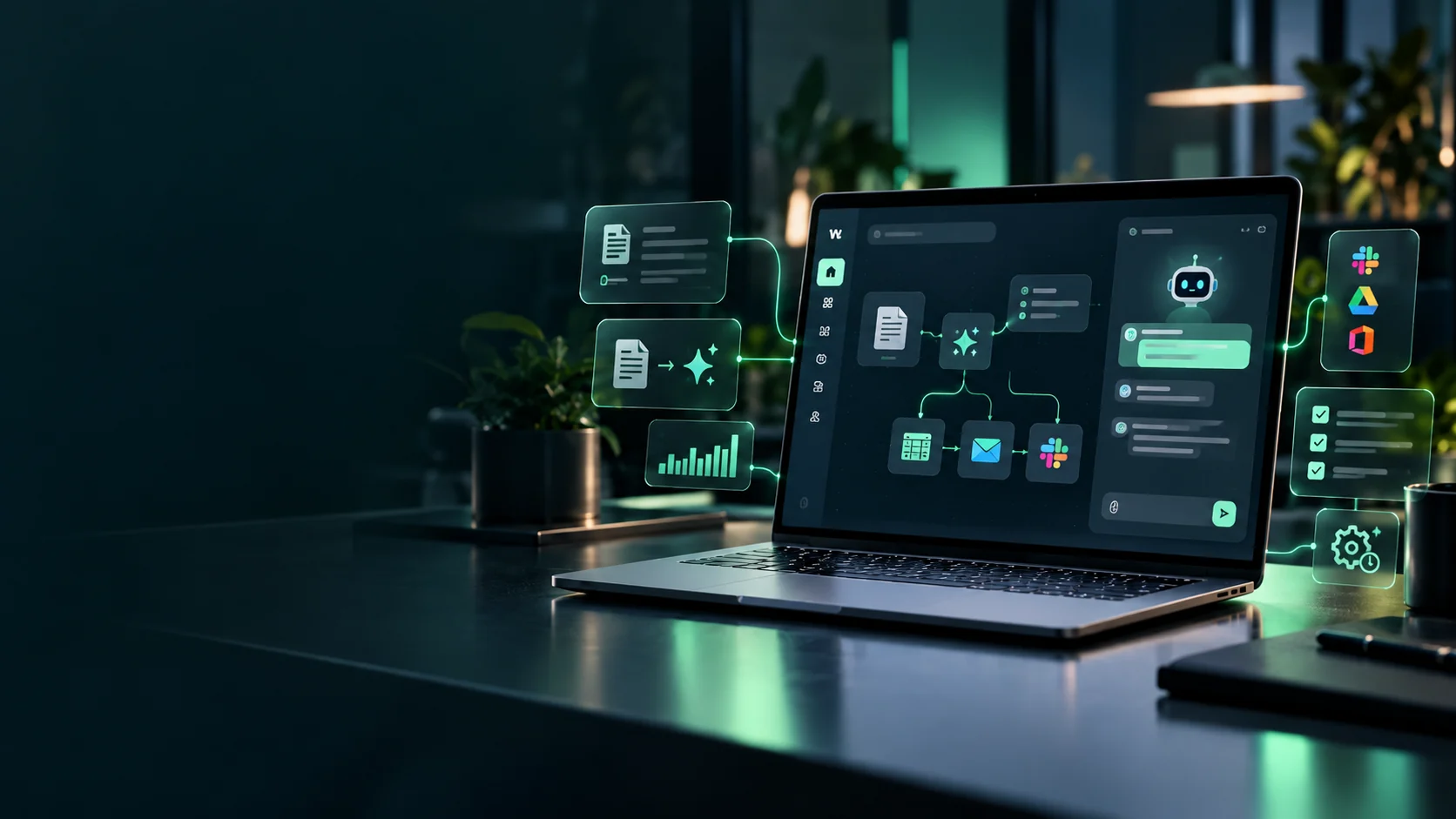 Conceptvisualisatie: workflow waarin documenten via AI-stappen worden verwerkt