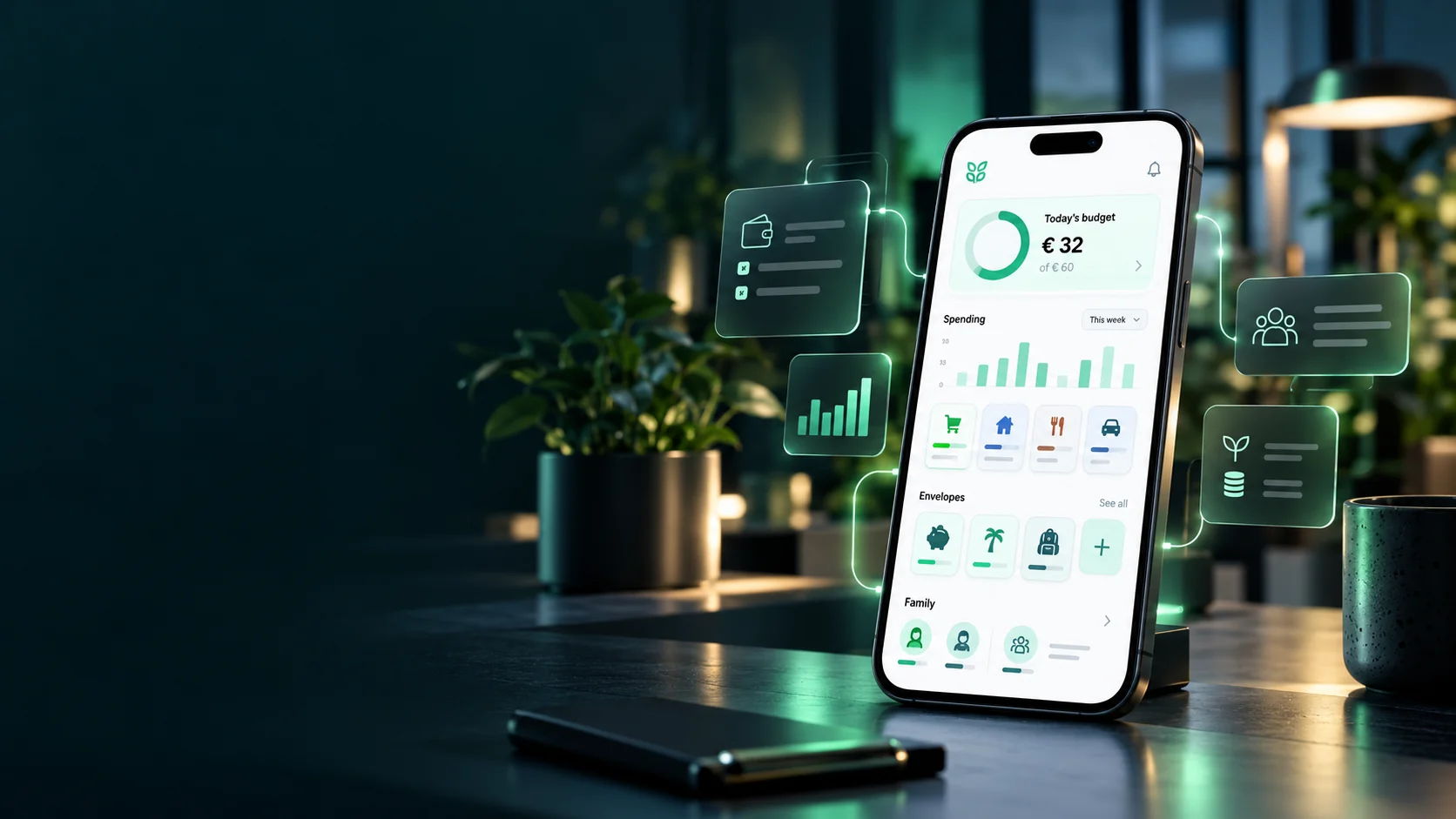 Conceptvisualisatie van een budget-app op een telefoon, geen echt screenshot